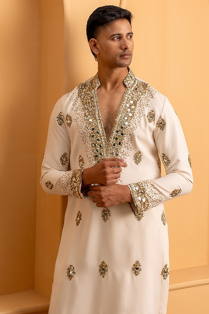 Ivory Sequins Embroidered Kurta Set by Dev Kumar at Pernia's Pop Up Shop