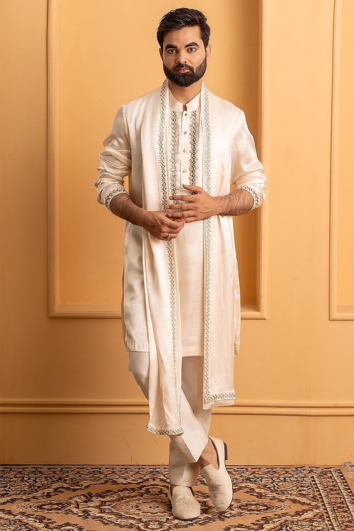 Ivory Satin Silk Cutdana Embroidered Kurta Set by Dev Kumar at Pernia's Pop Up Shop