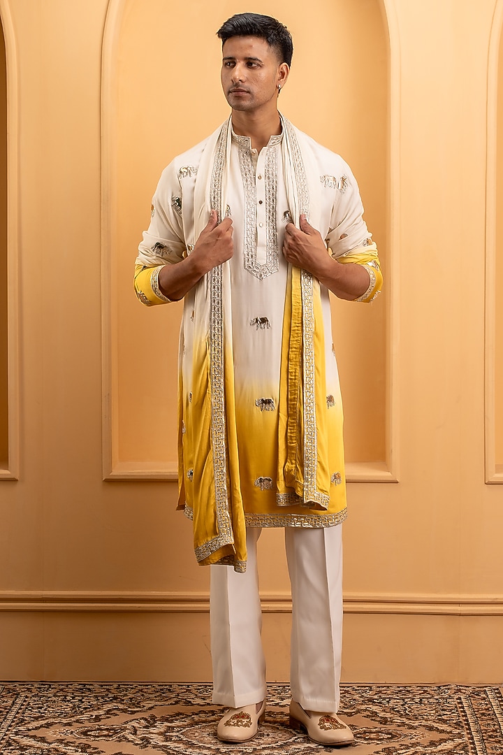 Ivory Modal Satin Embroidered Kurta Set by Dev Kumar at Pernia's Pop Up Shop
