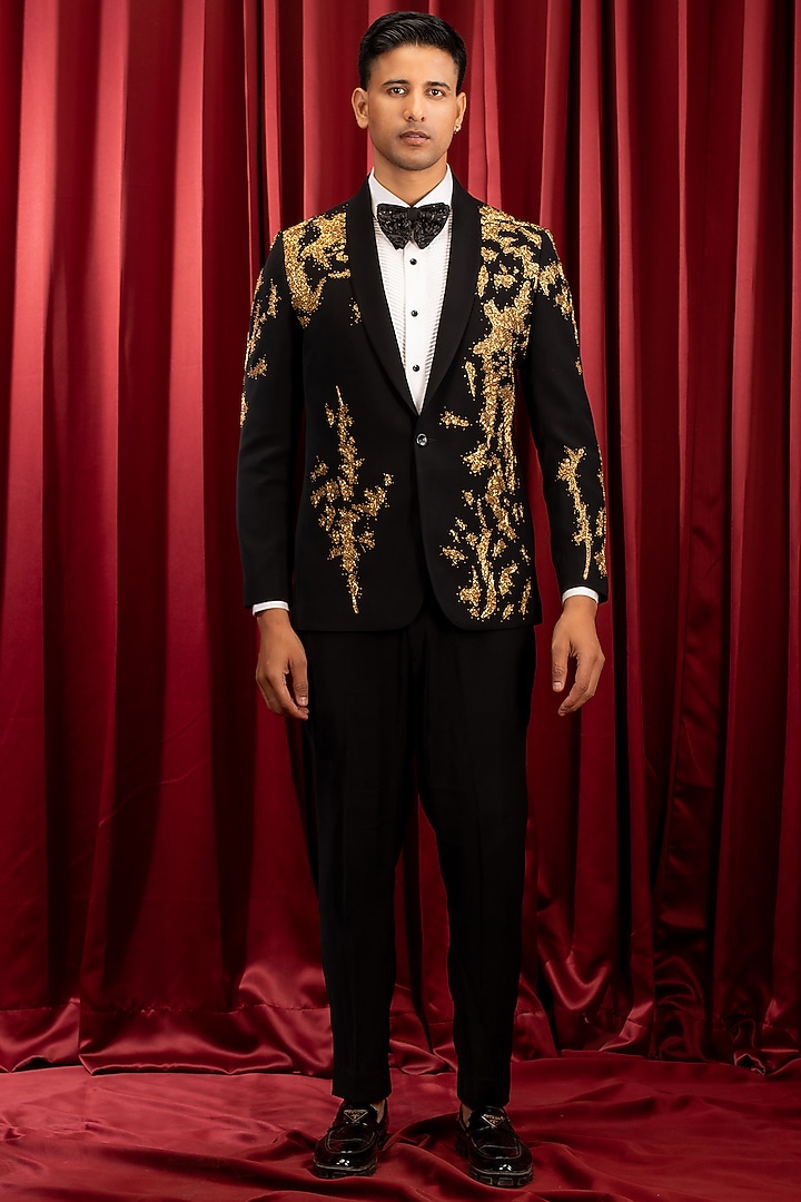 Black Italian Crepe Hand Embroidered Tuxedo Set by Dev Kumar at Pernia's Pop Up Shop