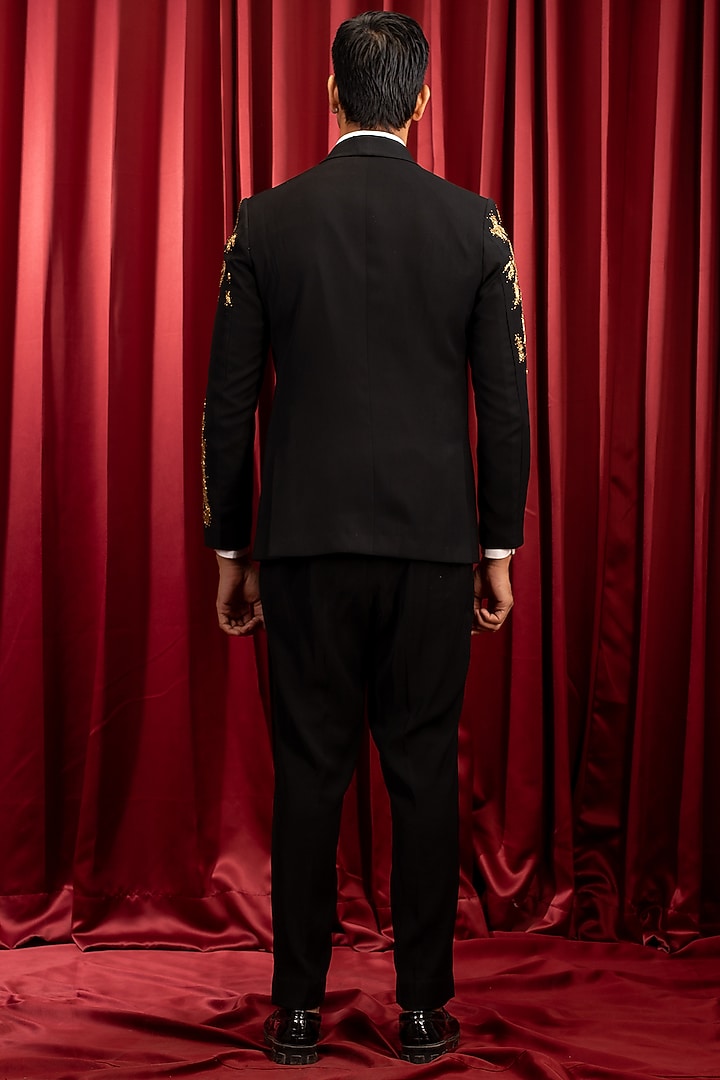 Black Italian Crepe Hand Embroidered Tuxedo Set by Dev Kumar at Pernia's Pop Up Shop