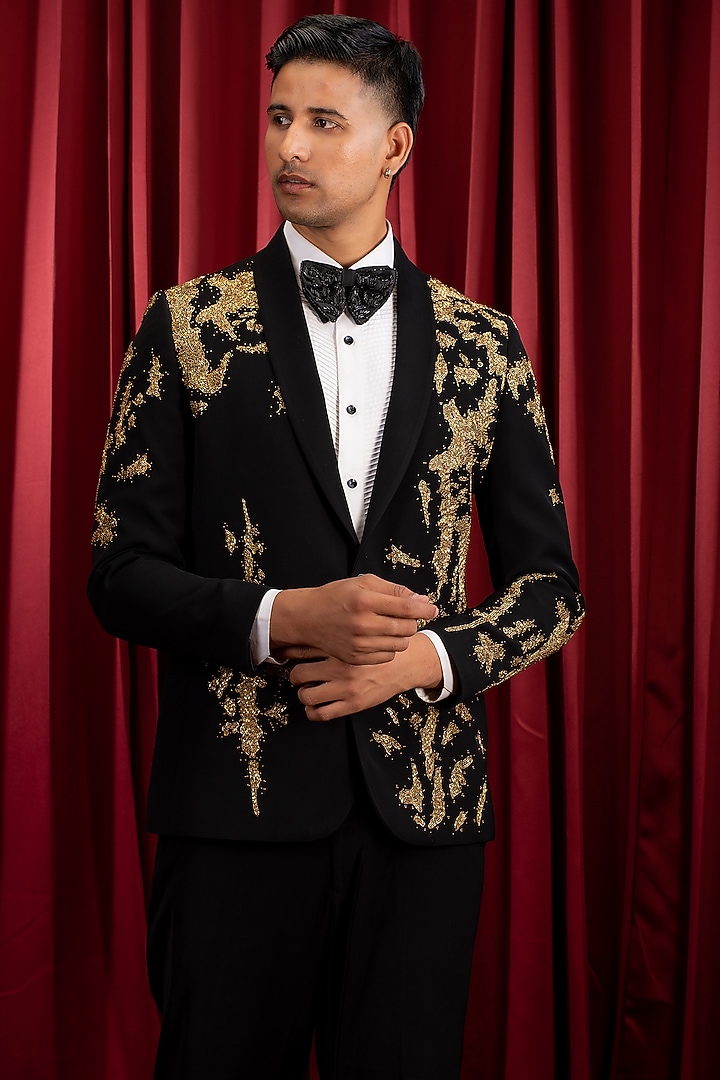 Black Italian Crepe Hand Embroidered Tuxedo Set by Dev Kumar at Pernia's Pop Up Shop