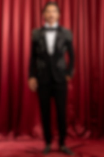 Black Italian Crepe Hand Embroidered Tuxedo Set by Dev Kumar at Pernia's Pop Up Shop