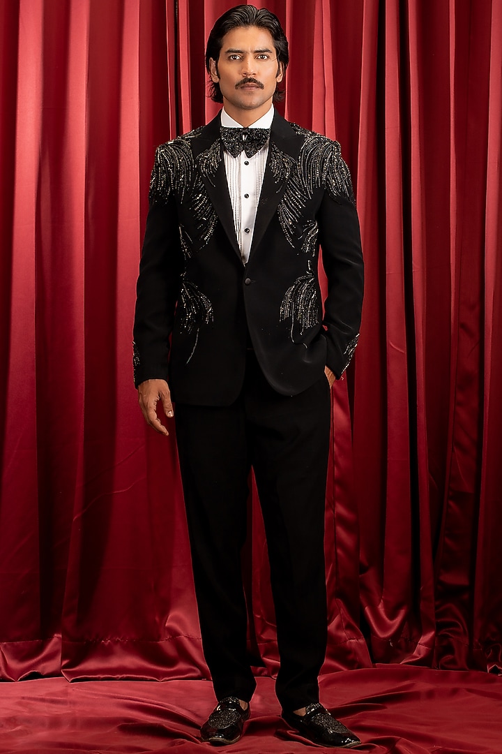 Black Italian Crepe Hand Embroidered Tuxedo Set by Dev Kumar at Pernia's Pop Up Shop
