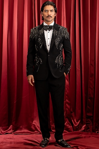 Black Italian Crepe Hand Embroidered Tuxedo Set by Dev Kumar