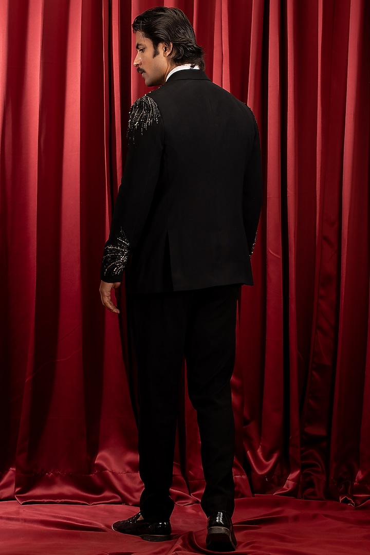 Black Italian Crepe Hand Embroidered Tuxedo Set by Dev Kumar at Pernia's Pop Up Shop