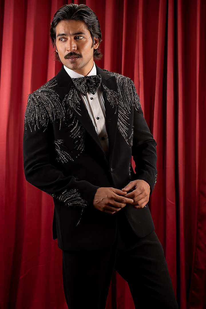 Black Italian Crepe Hand Embroidered Tuxedo Set by Dev Kumar at Pernia's Pop Up Shop