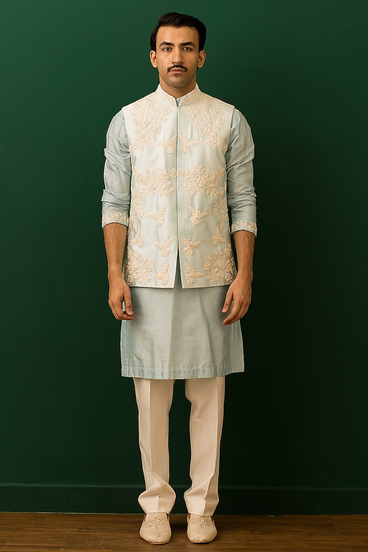 Ivory Cotton Silk Resham Embroidered Bundi Jacket Set by Dev Kumar at Pernia's Pop Up Shop