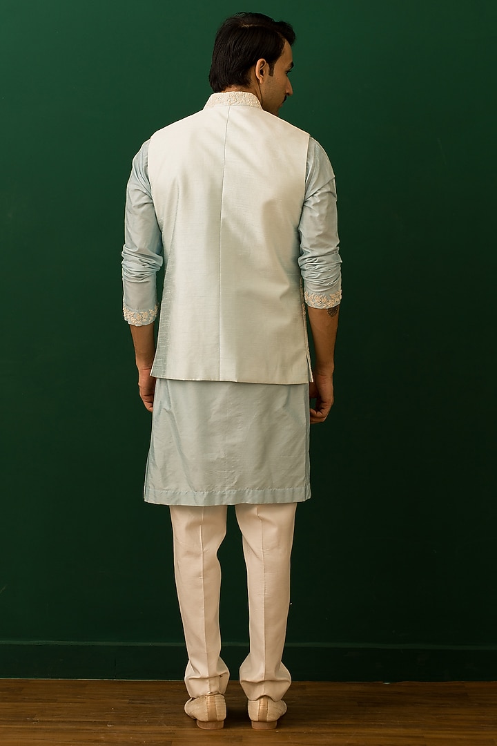 Ivory Cotton Silk Resham Embroidered Bundi Jacket Set by Dev Kumar at Pernia's Pop Up Shop