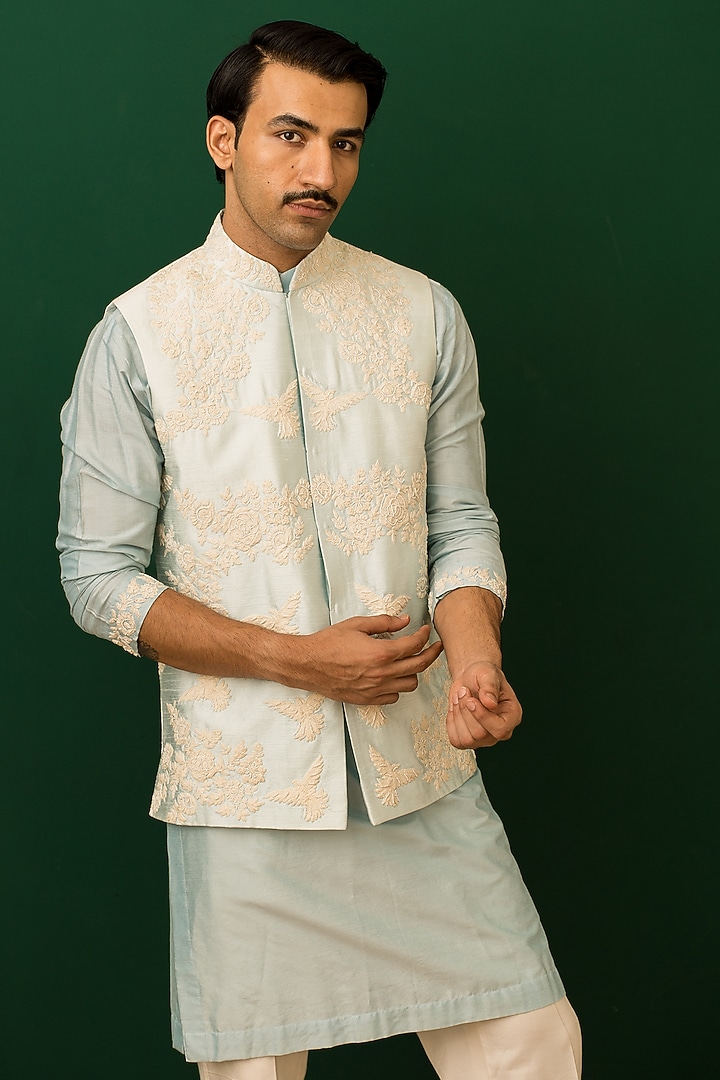Ivory Cotton Silk Resham Embroidered Bundi Jacket Set by Dev Kumar at Pernia's Pop Up Shop