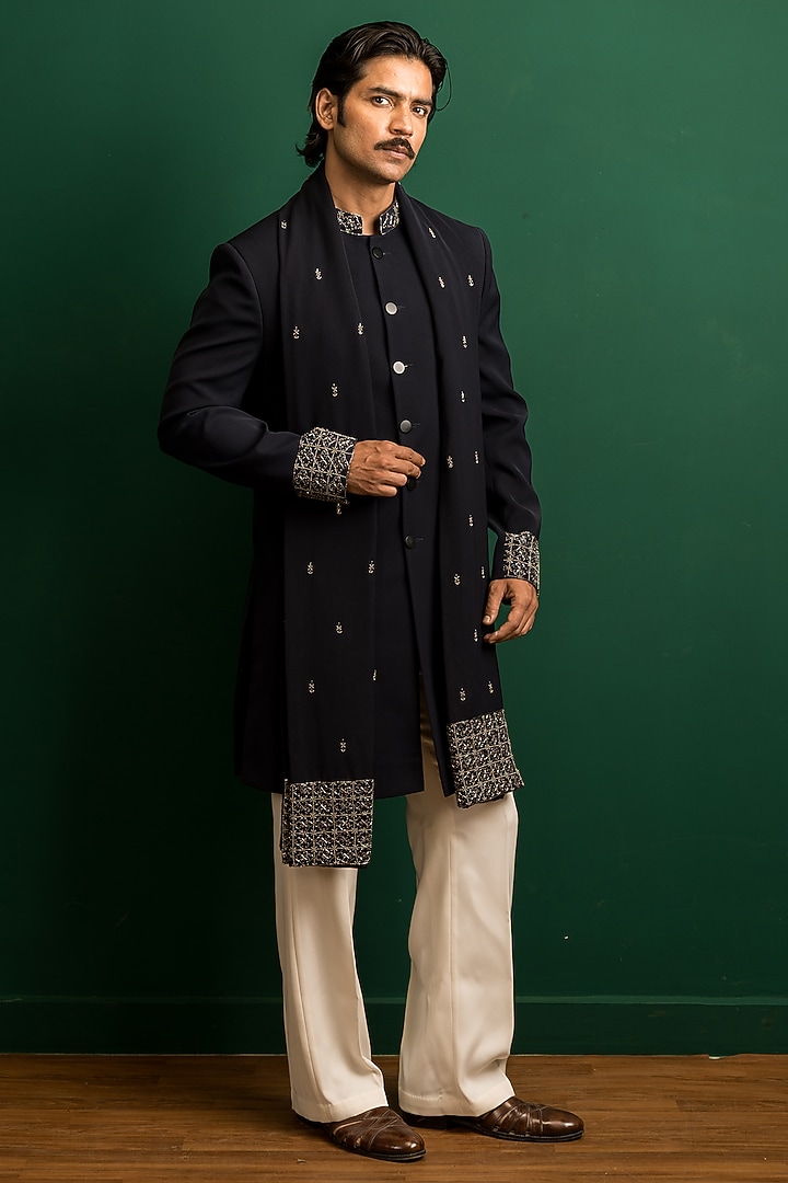 Navy Blue Italian Crepe Cutdana Embroidered Wedding Indowestern Set by Dev Kumar at Pernia's Pop Up Shop