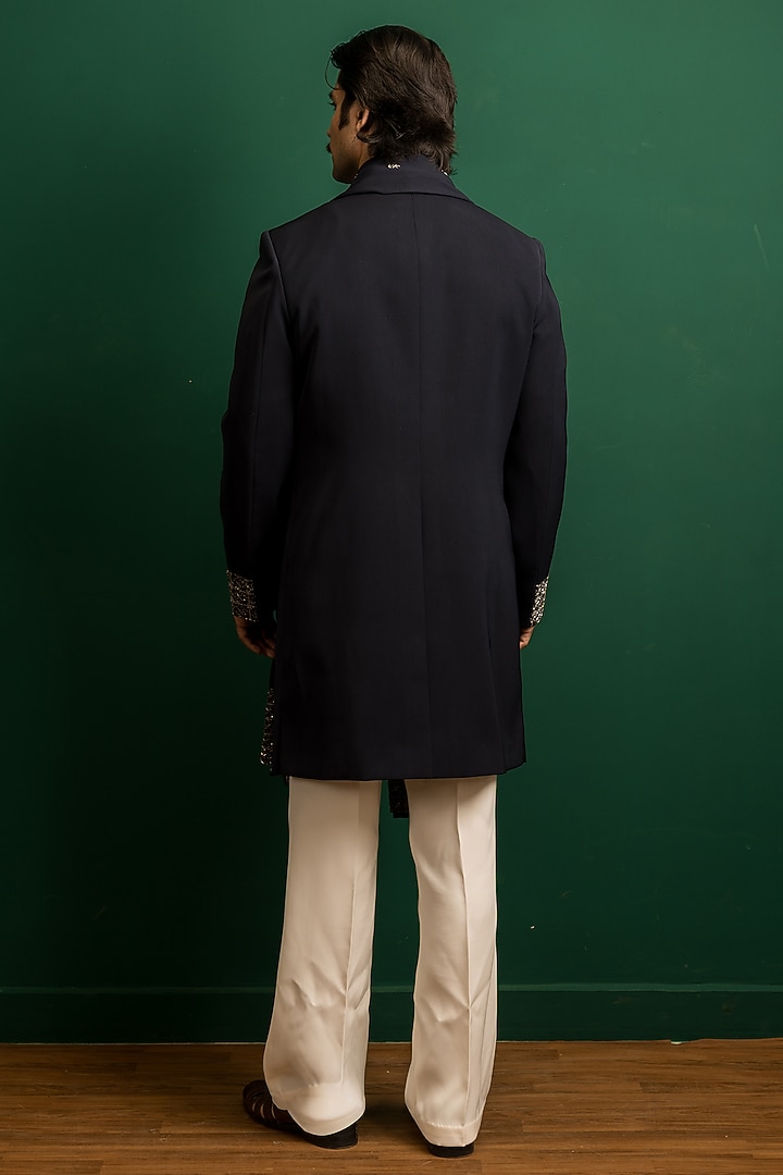Navy Blue Italian Crepe Cutdana Embroidered Wedding Indowestern Set by Dev Kumar at Pernia's Pop Up Shop