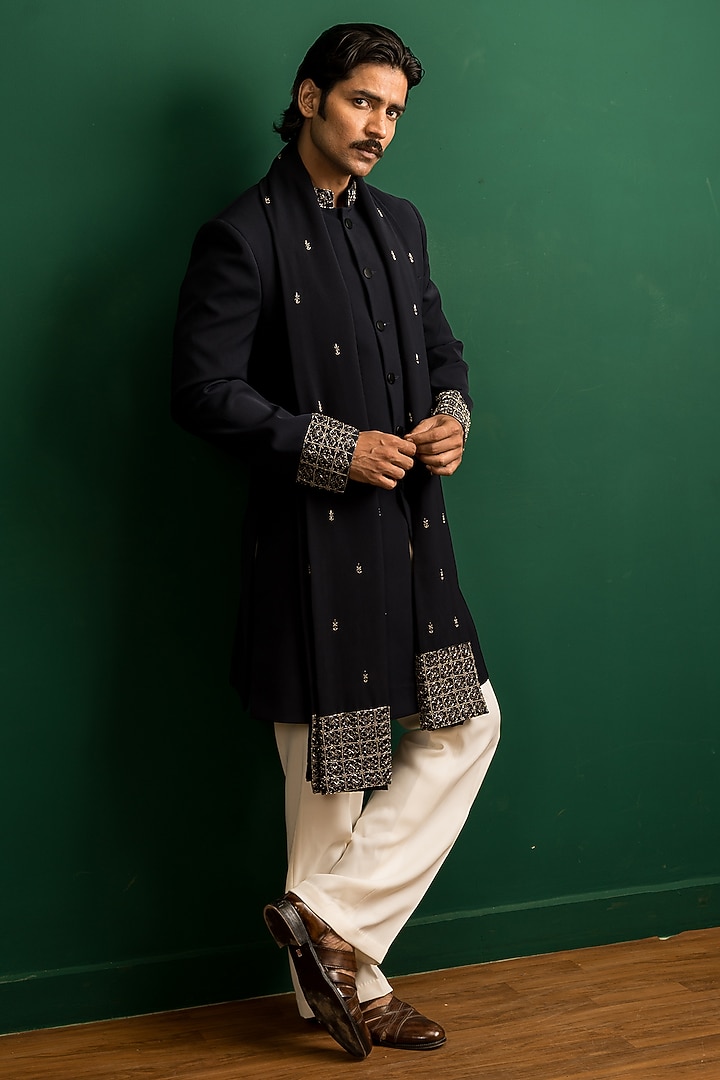 Navy Blue Italian Crepe Cutdana Embroidered Wedding Indowestern Set by Dev Kumar at Pernia's Pop Up Shop
