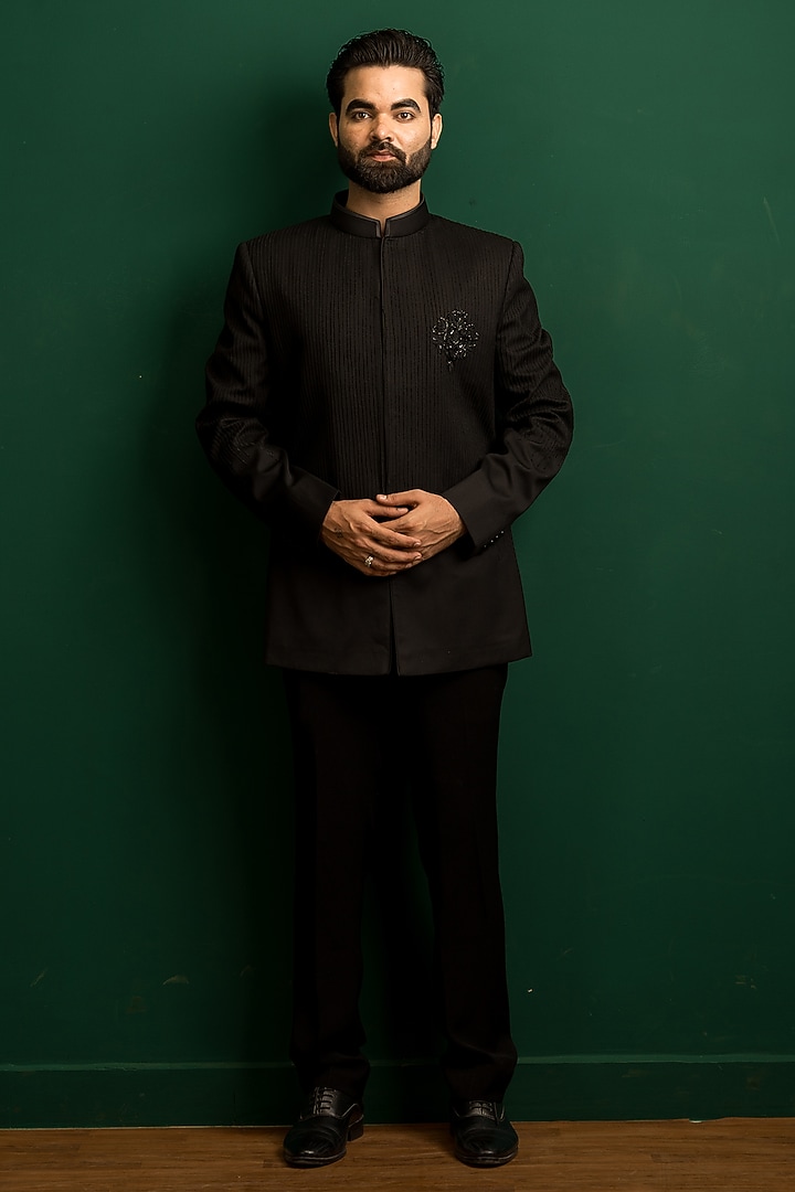 Black Terry Rayon Hand Embroidered Wedding Bandhgala Set by Dev Kumar at Pernia's Pop Up Shop