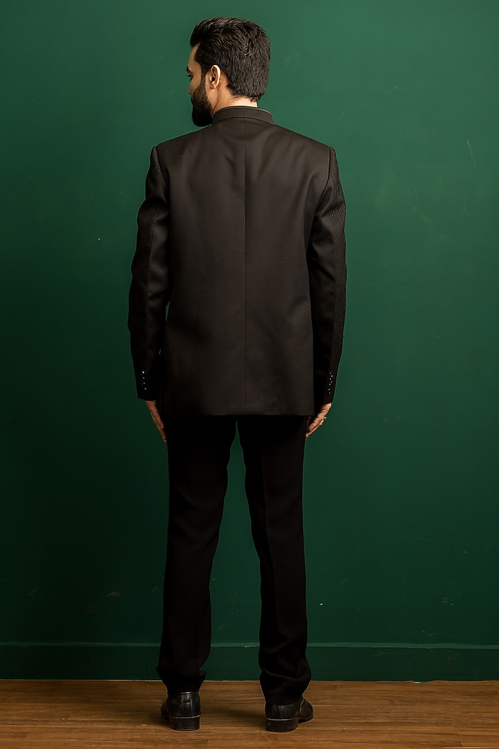 Black Terry Rayon Hand Embroidered Wedding Bandhgala Set by Dev Kumar at Pernia's Pop Up Shop