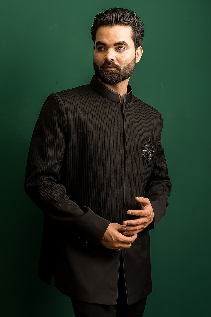 Black Terry Rayon Hand Embroidered Wedding Bandhgala Set by Dev Kumar at Pernia's Pop Up Shop
