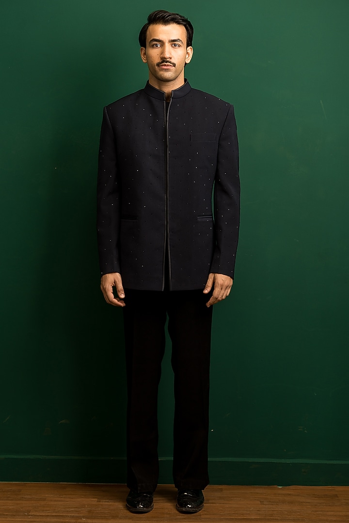 Navy Blue Terry Rayon Swarovski Work Wedding Bandhgala Set by Dev Kumar at Pernia's Pop Up Shop