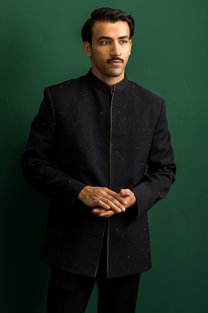 Navy Blue Terry Rayon Swarovski Work Wedding Bandhgala Set by Dev Kumar at Pernia's Pop Up Shop