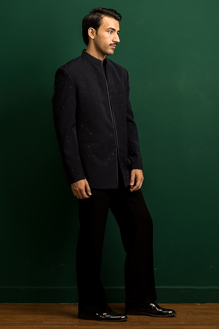 Navy Blue Terry Rayon Swarovski Work Wedding Bandhgala Set by Dev Kumar at Pernia's Pop Up Shop