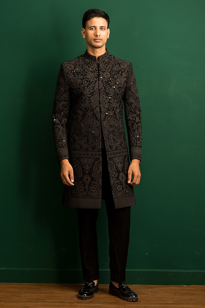 Black Italian Crepe Mirror Work Wedding Indowestern Set by Dev Kumar at Pernia's Pop Up Shop