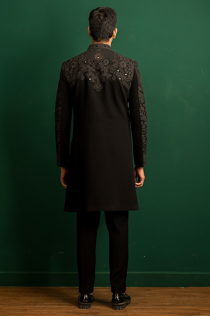 Black Italian Crepe Mirror Work Wedding Indowestern Set by Dev Kumar at Pernia's Pop Up Shop