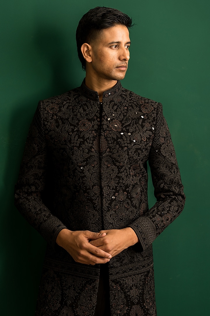 Black Italian Crepe Mirror Work Wedding Indowestern Set by Dev Kumar at Pernia's Pop Up Shop