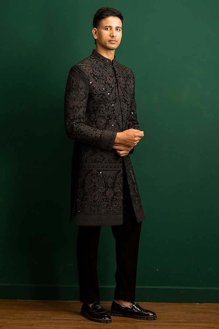 Black Italian Crepe Mirror Work Wedding Indowestern Set by Dev Kumar at Pernia's Pop Up Shop