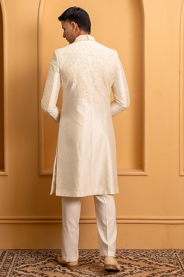 Ivory Raw Silk Handwork Groom Sherwani Set Set by Dev Kumar at Pernia's Pop Up Shop