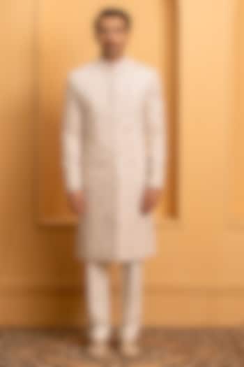 Baby Pink Raw Silk Handwork Groom Sherwani Set by Dev Kumar at Pernia's Pop Up Shop