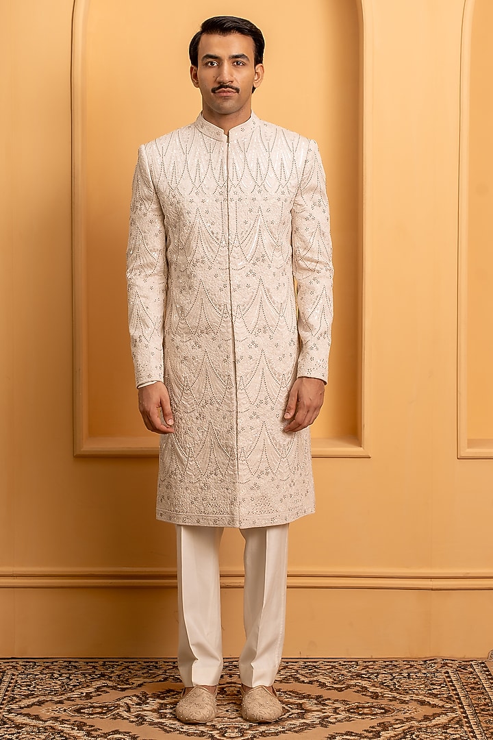 Baby Pink Raw Silk Handwork Groom Sherwani Set by Dev Kumar at Pernia's Pop Up Shop