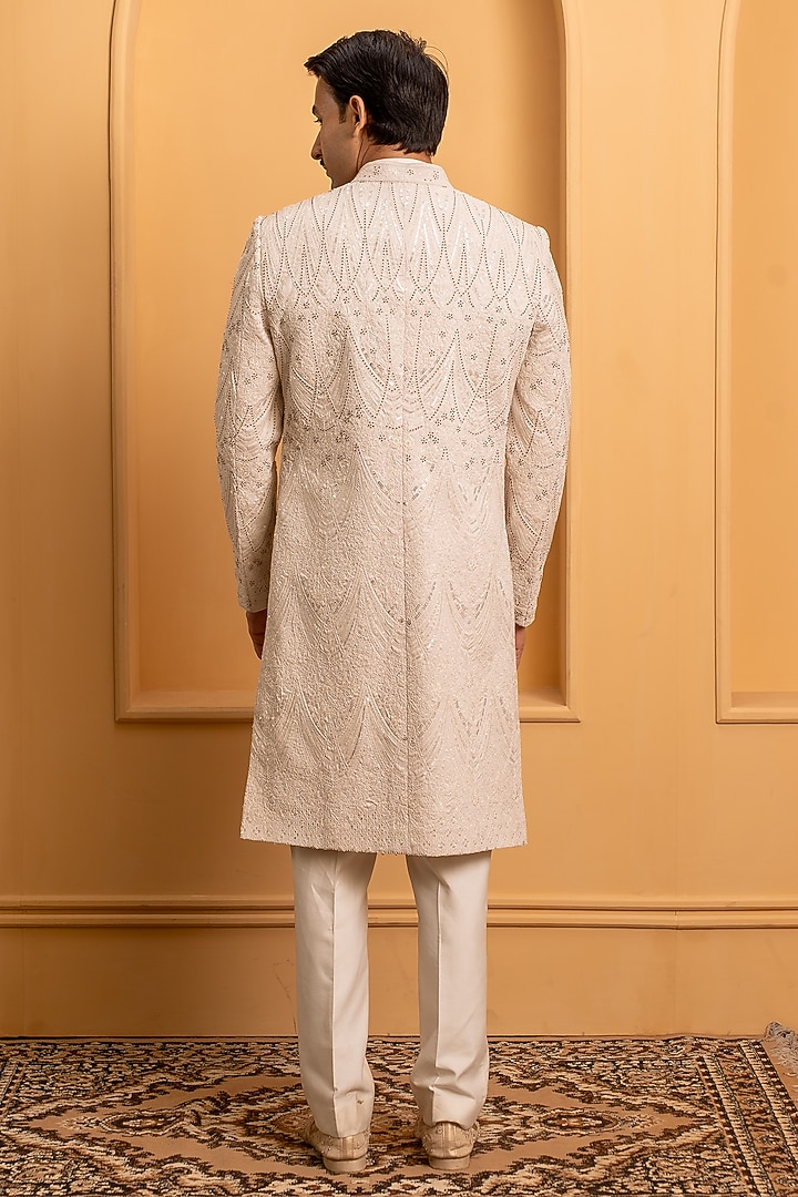 Baby Pink Raw Silk Handwork Groom Sherwani Set by Dev Kumar at Pernia's Pop Up Shop