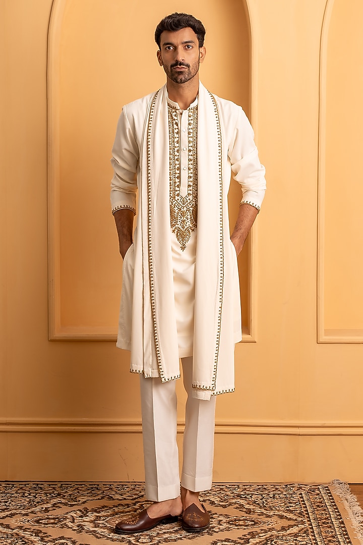 Ivory Italian Crepe Beads Handwork Kurta Set by Dev Kumar at Pernia's Pop Up Shop