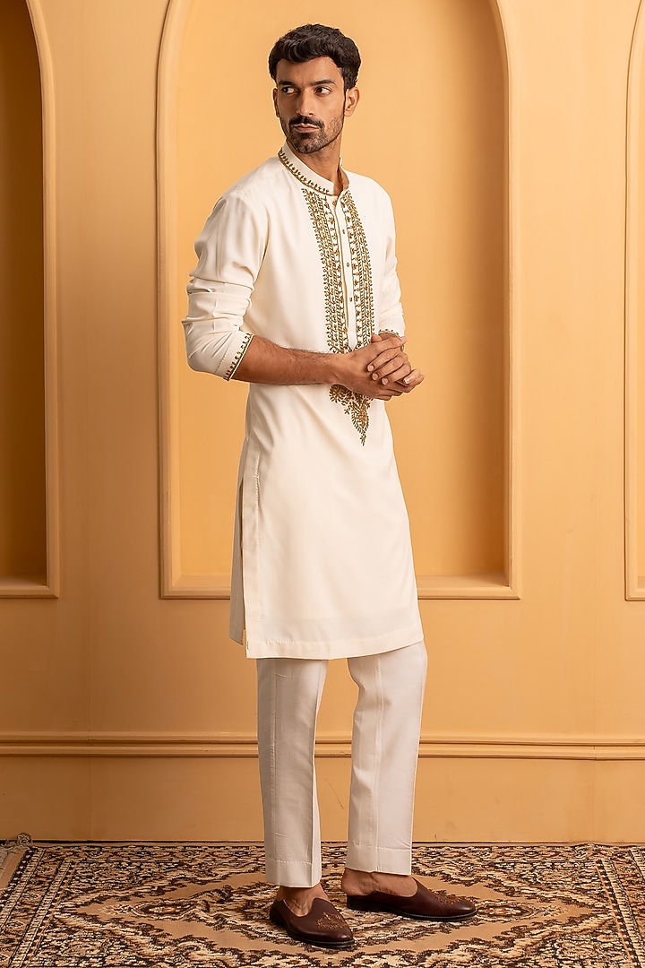 Ivory Italian Crepe Beads Handwork Kurta Set by Dev Kumar at Pernia's Pop Up Shop