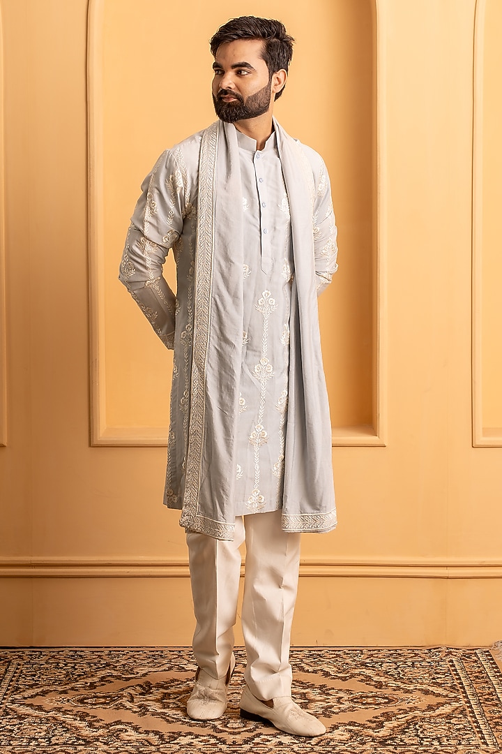 Sky Blue Cotton Silk Resham Embroidered Kurta Set by Dev Kumar at Pernia's Pop Up Shop