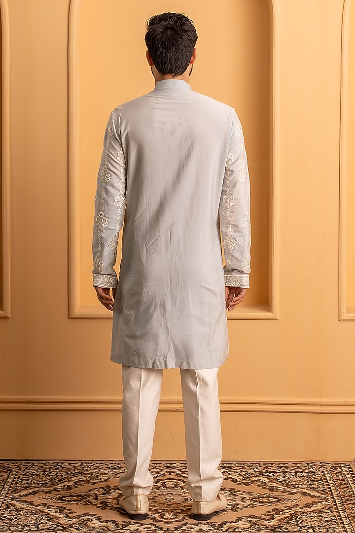 Sky Blue Cotton Silk Resham Embroidered Kurta Set by Dev Kumar at Pernia's Pop Up Shop