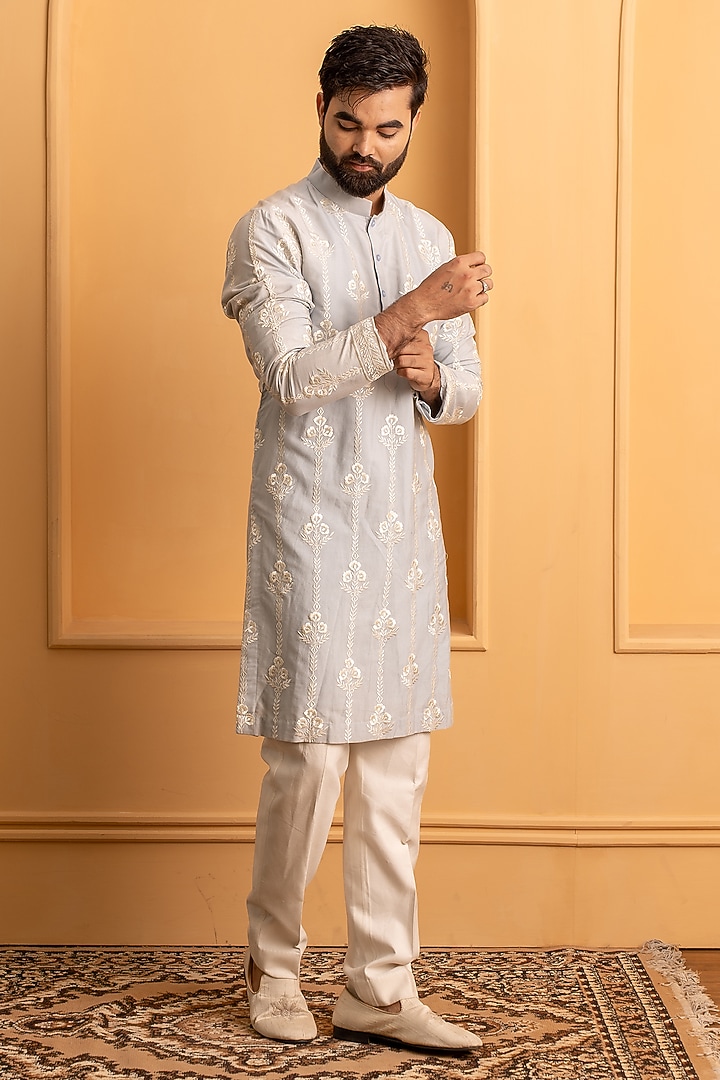 Sky Blue Cotton Silk Resham Embroidered Kurta Set by Dev Kumar at Pernia's Pop Up Shop