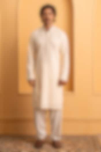 Light Peach Cotton Silk Dori Work Kurta Set by Dev Kumar at Pernia's Pop Up Shop