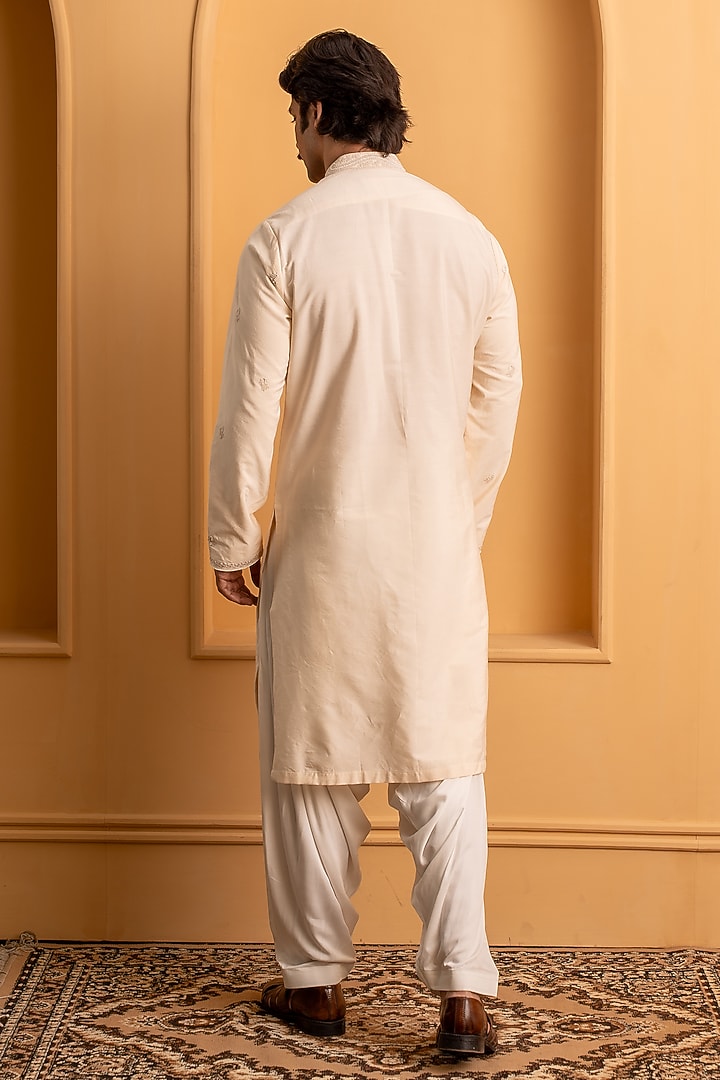 Light Peach Cotton Silk Dori Work Kurta Set by Dev Kumar at Pernia's Pop Up Shop