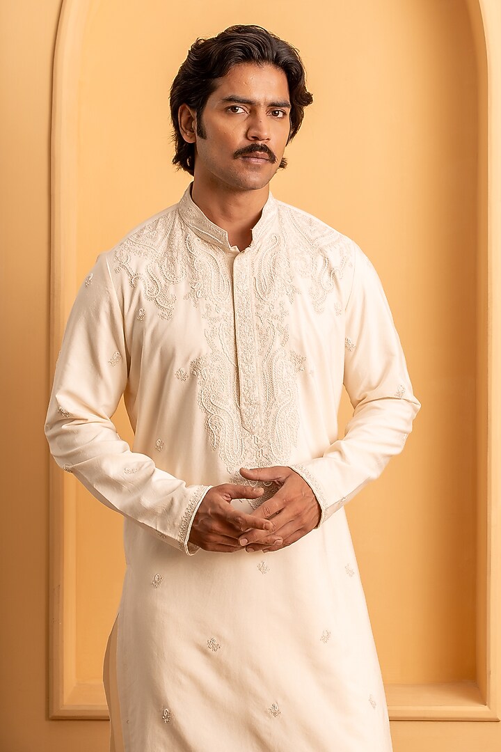 Light Peach Cotton Silk Dori Work Kurta Set by Dev Kumar at Pernia's Pop Up Shop