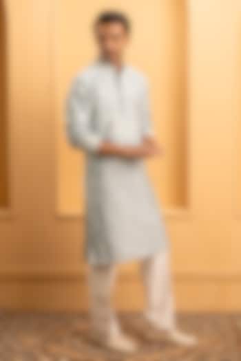 Dusty Powder Blue Cotton Silk Resham Embroidered Kurta Set by Dev Kumar at Pernia's Pop Up Shop