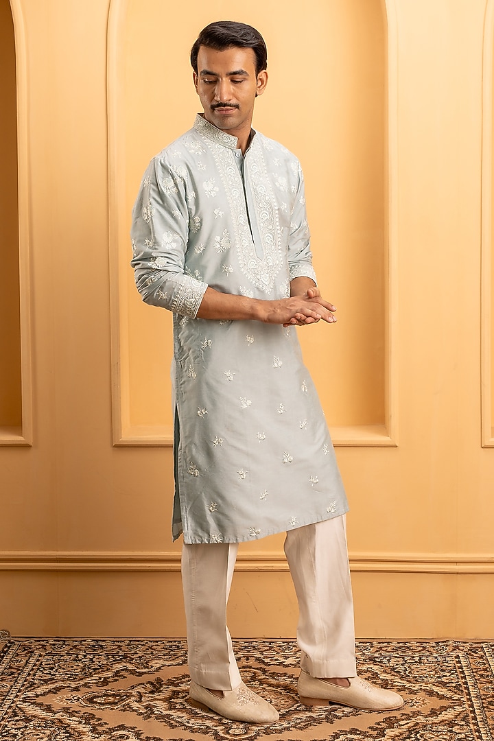 Dusty Powder Blue Cotton Silk Resham Embroidered Kurta Set by Dev Kumar at Pernia's Pop Up Shop