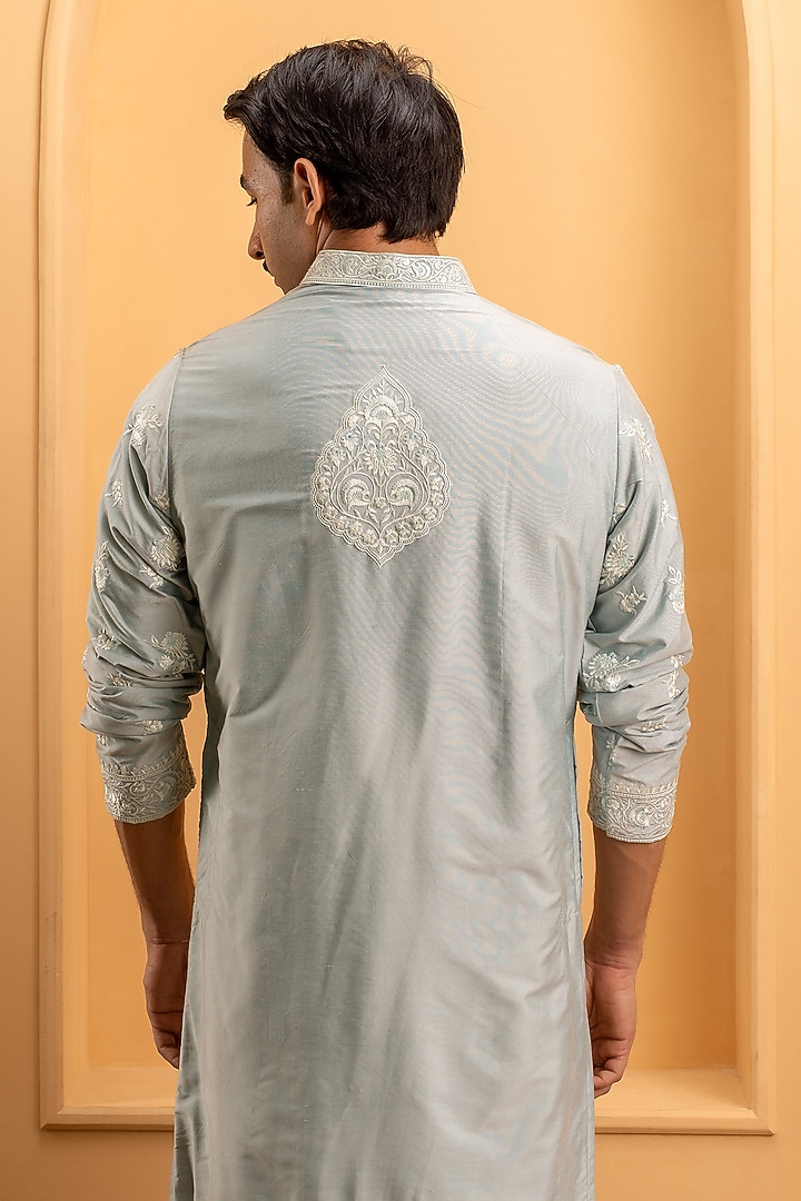 Dusty Powder Blue Cotton Silk Resham Embroidered Kurta Set by Dev Kumar at Pernia's Pop Up Shop
