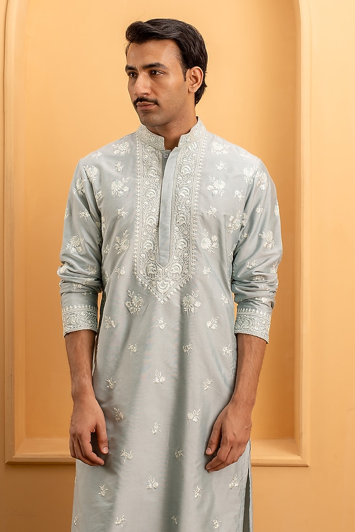 Dusty Powder Blue Cotton Silk Resham Embroidered Kurta Set by Dev Kumar at Pernia's Pop Up Shop