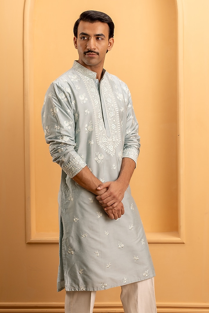 Dusty Powder Blue Cotton Silk Resham Embroidered Kurta Set by Dev Kumar at Pernia's Pop Up Shop