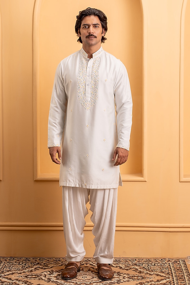 Dusty Powder Blue Cotton Silk Resham Embroidered Kurta Set by Dev Kumar at Pernia's Pop Up Shop