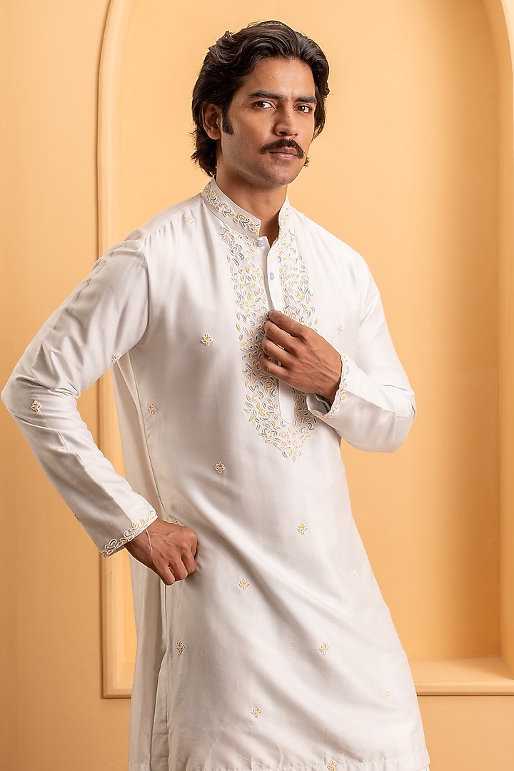 Dusty Powder Blue Cotton Silk Resham Embroidered Kurta Set by Dev Kumar at Pernia's Pop Up Shop