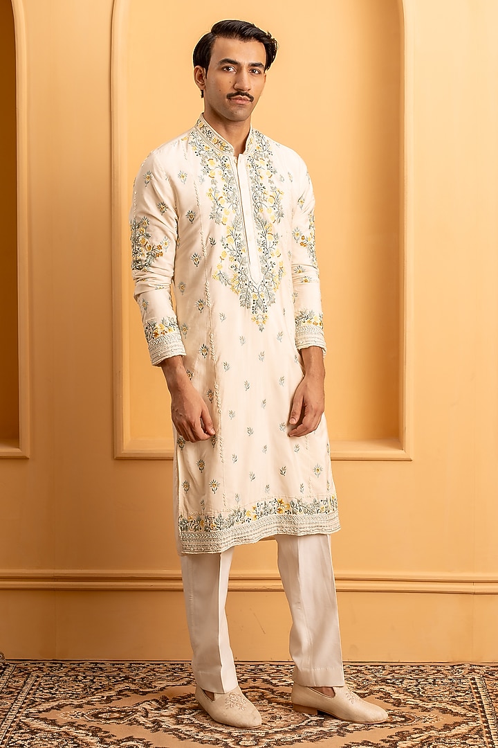 Ivory Cotton Silk Resham Embroidered Kurta Set by Dev Kumar at Pernia's Pop Up Shop