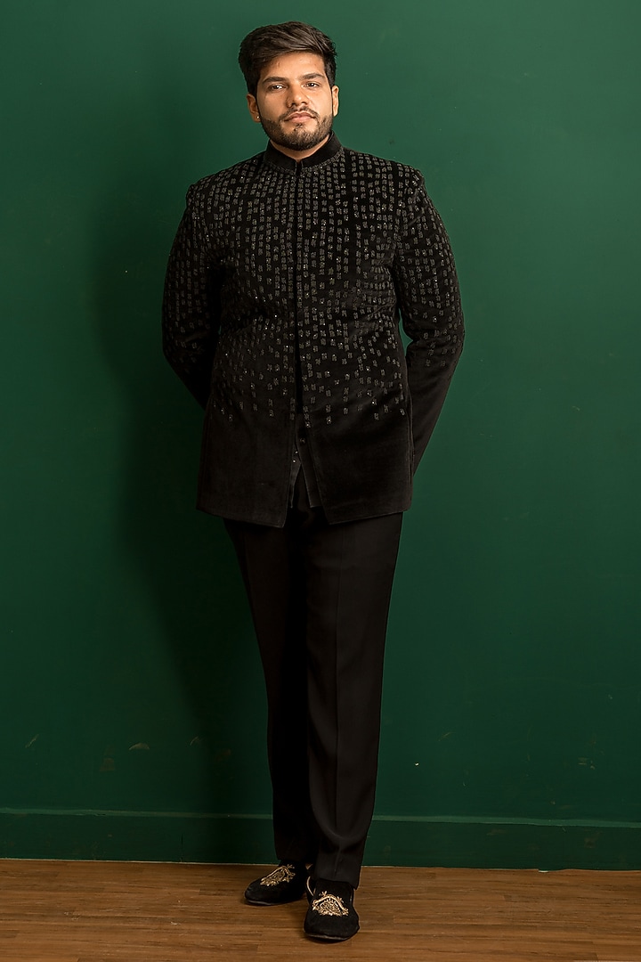 Black Velvet Cutdana Hand Embroidered Wedding Bandhgala Set by Dev Kumar at Pernia's Pop Up Shop