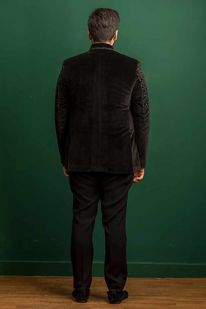 Black Velvet Cutdana Hand Embroidered Wedding Bandhgala Set by Dev Kumar at Pernia's Pop Up Shop