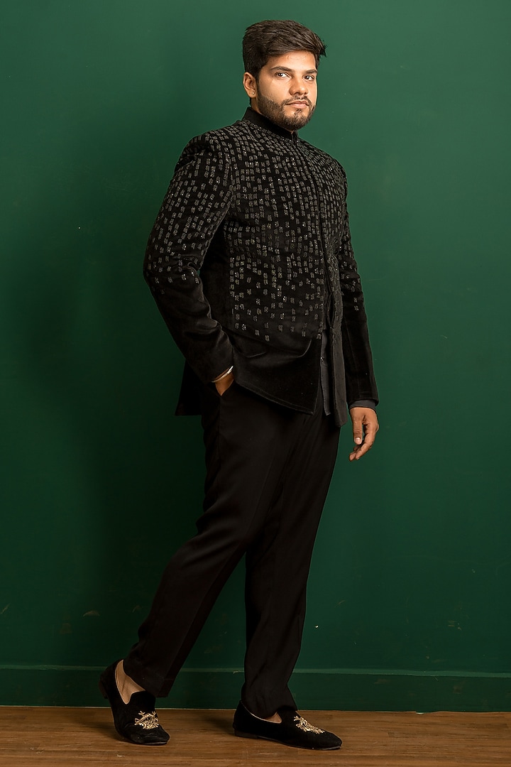 Black Velvet Cutdana Hand Embroidered Wedding Bandhgala Set by Dev Kumar at Pernia's Pop Up Shop